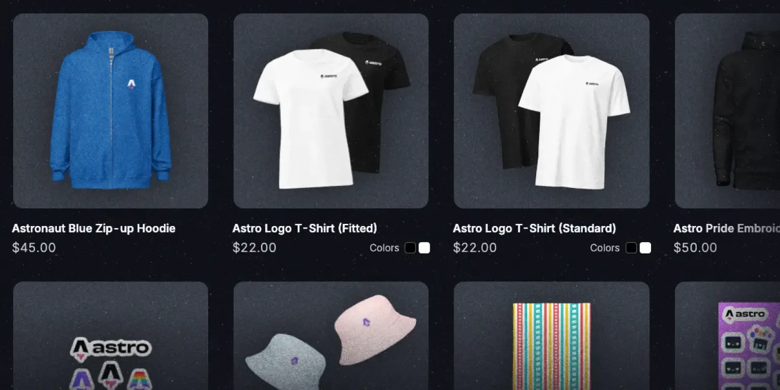 Screenshot of a shop product grid showing products featuring the Astro logo, including a blue hoodie, black and white t-shirts, and pastel-colored bucket hats.